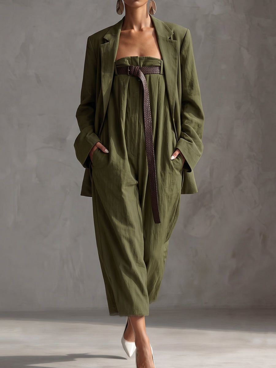 Olive Green Oversized Blazer And Jumpsuit Set