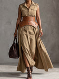 Beige Utility Sleeveless Shirt Dress