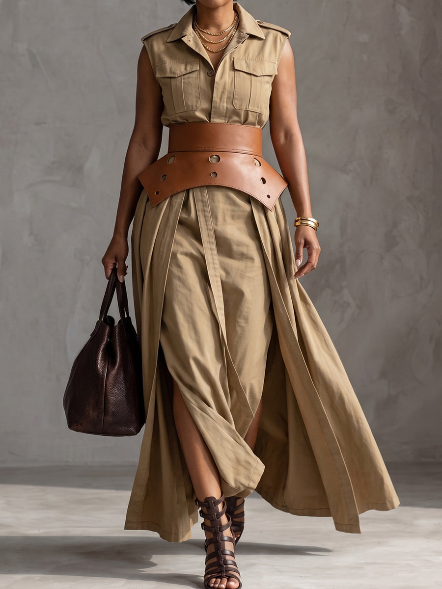 Beige Utility Sleeveless Shirt Dress