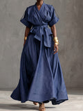 Blue Wrap Tie-Waist Maxi Dress