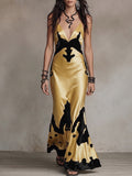 Gold Velvet Applique Mermaid Maxi Dress