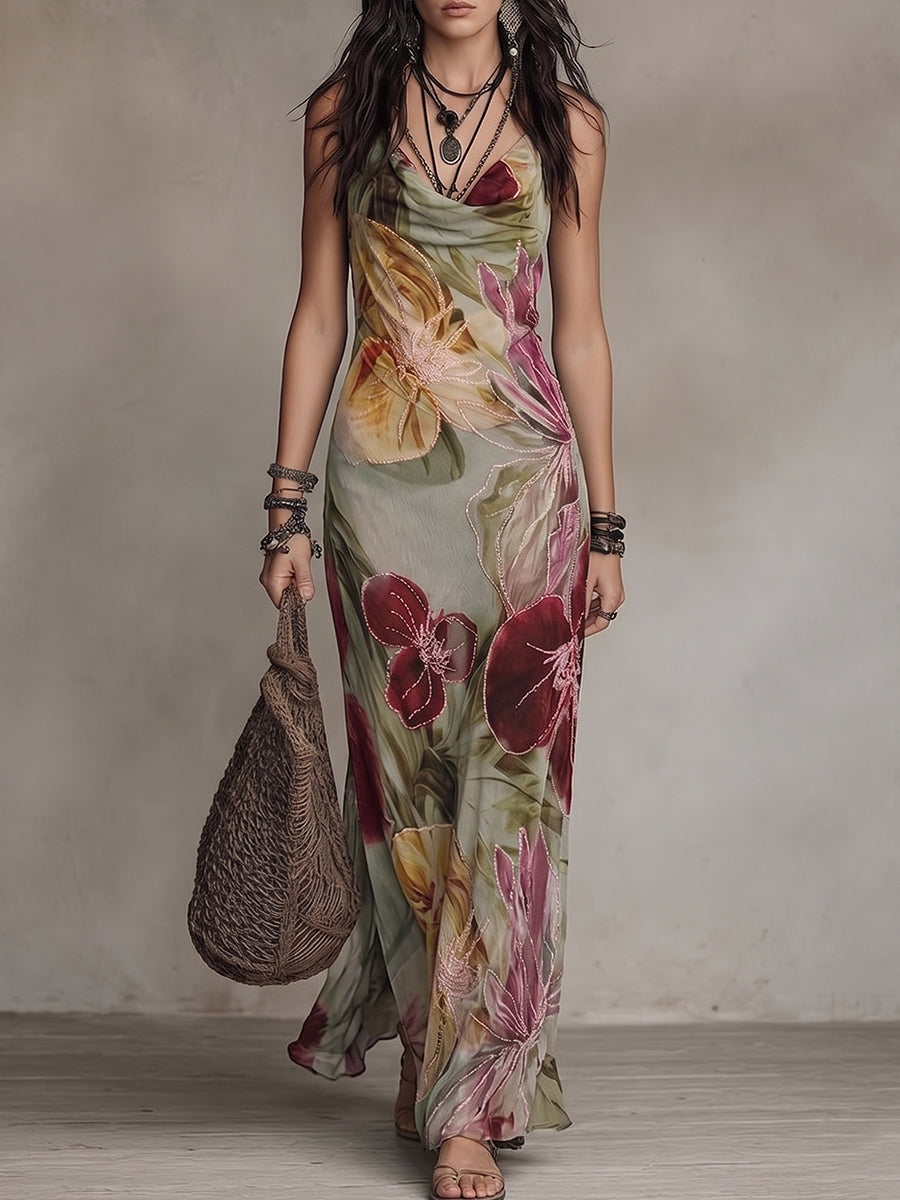 Sage Floral Cowl Neck Maxi Dress