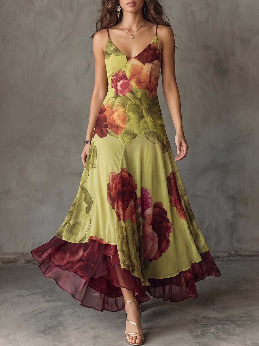 Yellow Floral Contrast Hem Maxi Dress