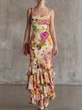 Cream Floral Ruffle Maxi Dress