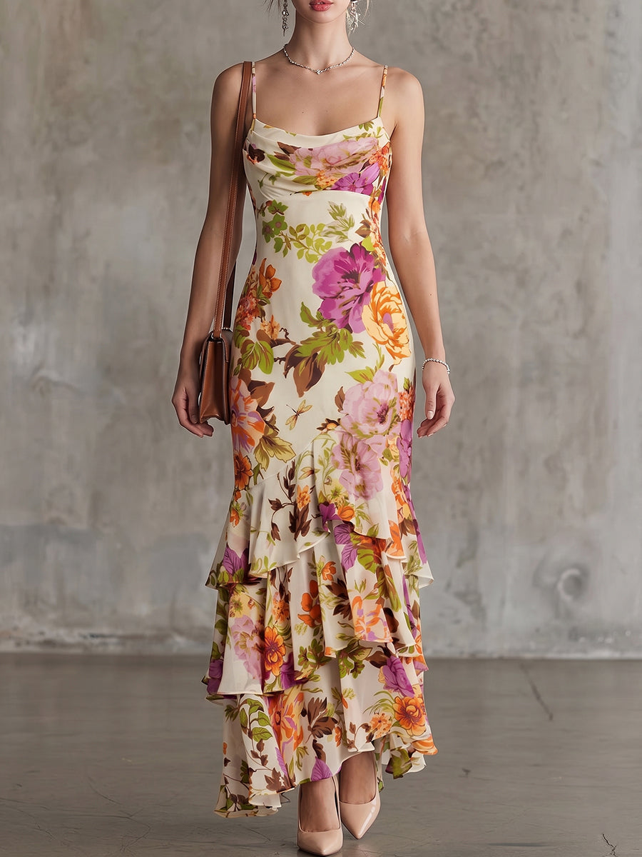 Cream Floral Ruffle Maxi Dress