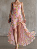 Pink Floral Cowl Neck High-Low Maxi Dress