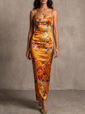 Orange Floral Print Spaghetti Strap Midi Dress