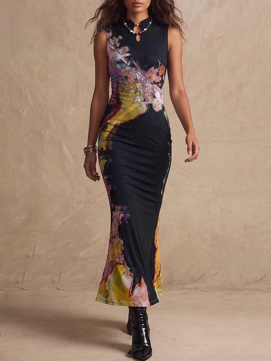Black Abstract Floral Slip Dress
