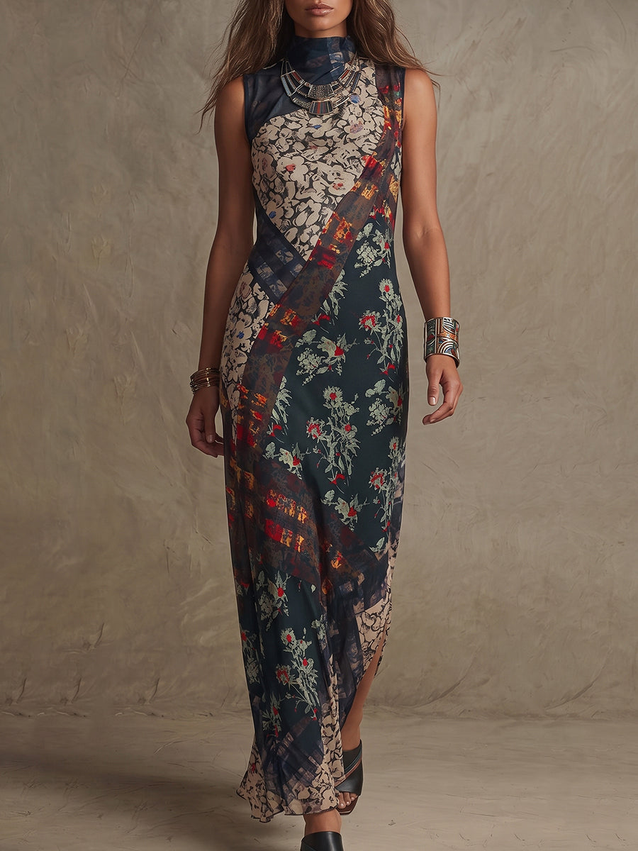 Navy Patchwork Floral Maxi Dress