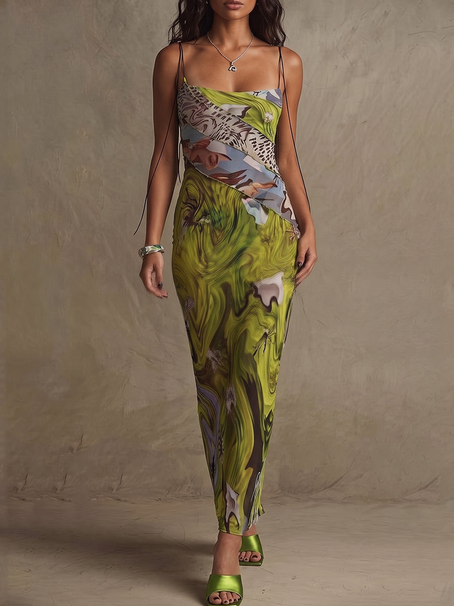 Green Abstract Marble Slip Dress