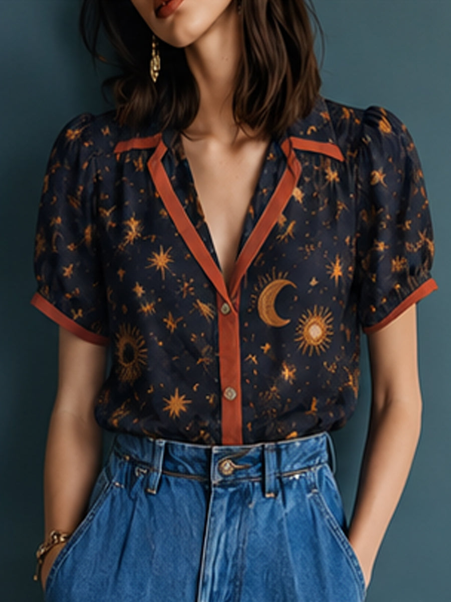 Navy Celestial Contrast Trim Shirt