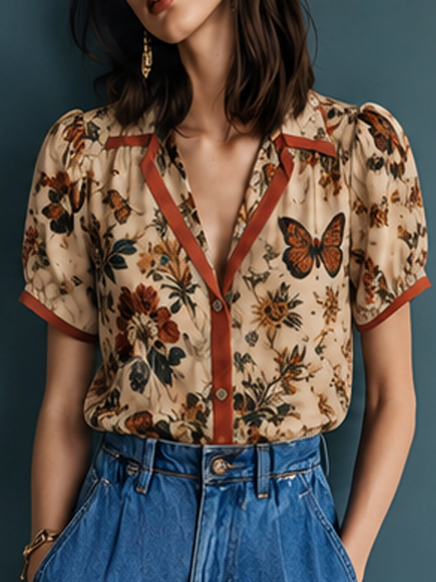 Cream Butterfly Floral Contrast Trim Shirt