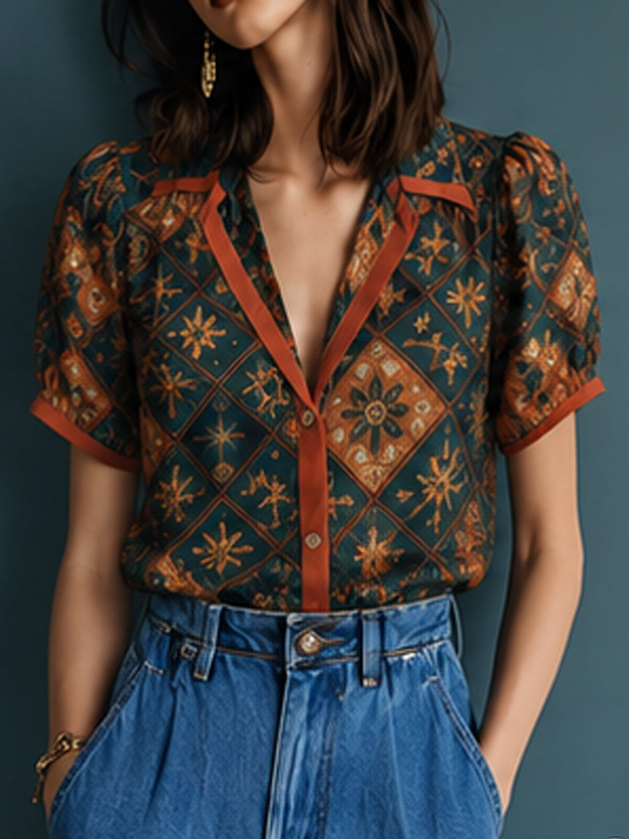Teal Geometric Diamond Contrast Trim Shirt
