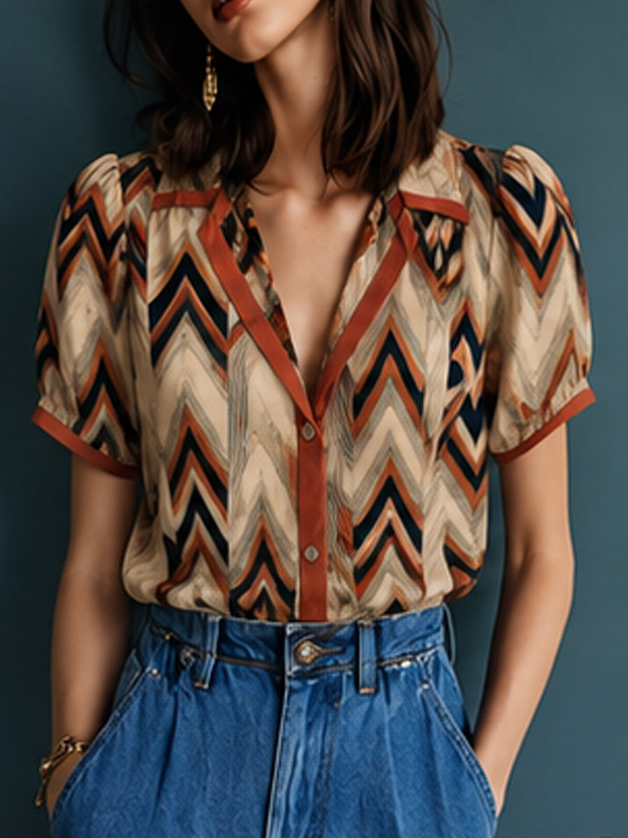 Cream Chevron Contrast Trim Shirt