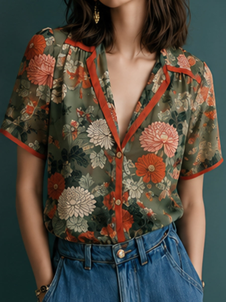 Olive Floral Contrast Trim Shirt