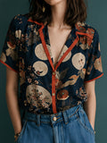 Navy Japanese Fan Print Contrast Trim Shirt