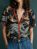 Navy Crane Wave Print Contrast Trim Shirt