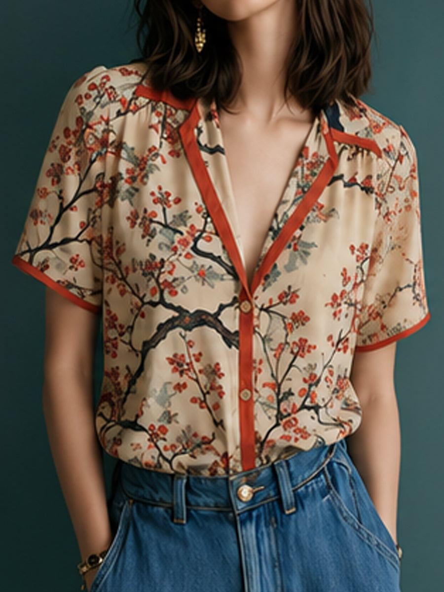 Cream Cherry Blossom Contrast Trim Shirt