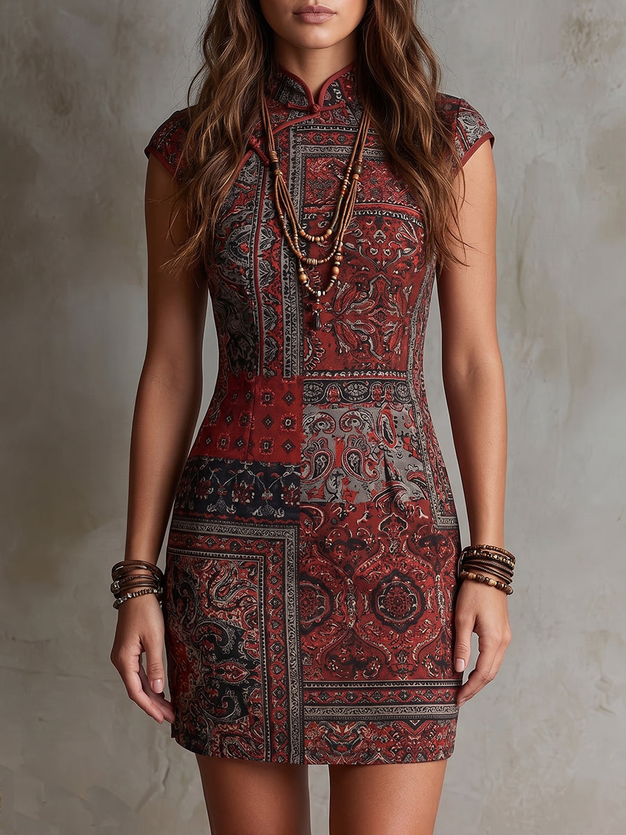 Red Paisley Patchwork Cheongsam Mini Dress