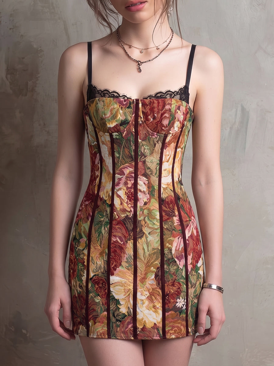 Floral Tapestry Corset Mini Dress