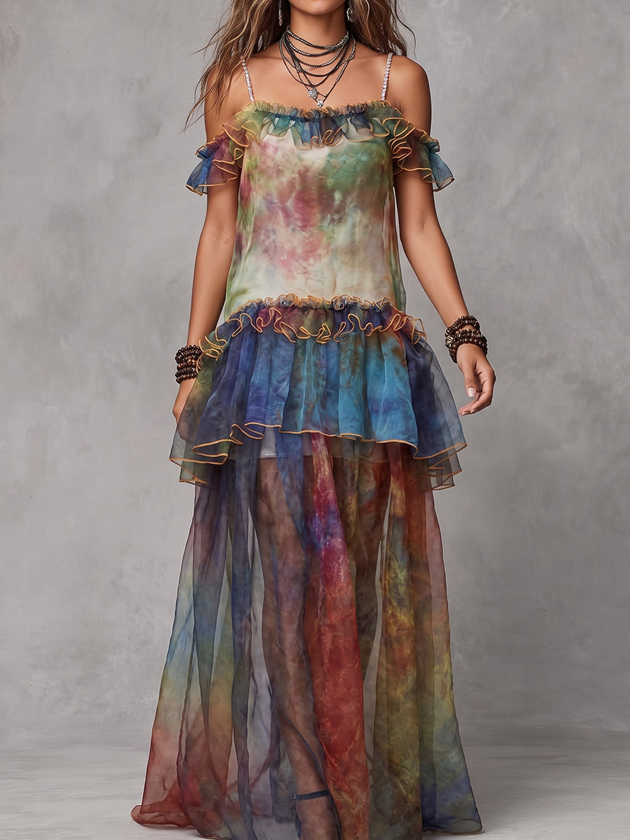Tie-Dye Sheer Ruffle Maxi Dress