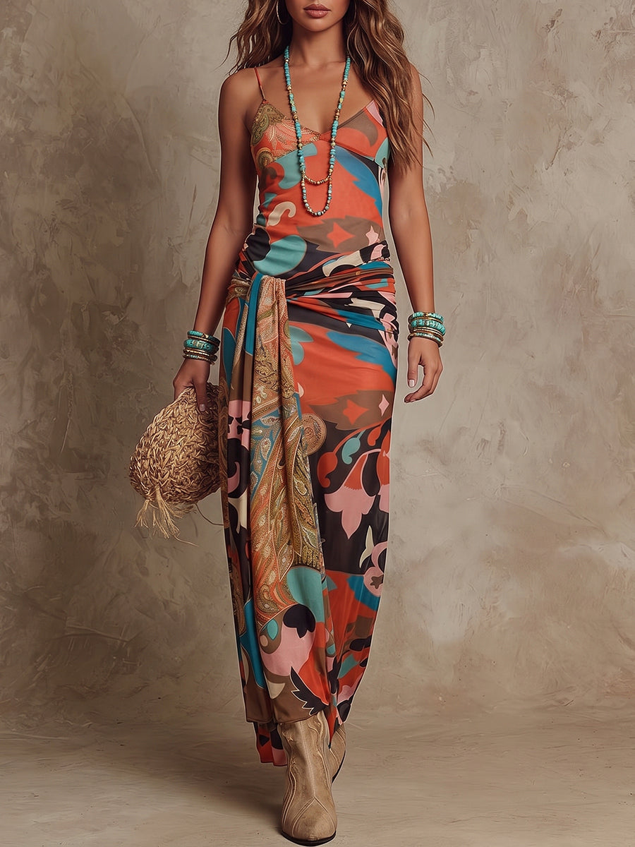 Orange Abstract Wrap Maxi Dress
