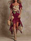 Burgundy Floral Flutter Sleeve High-Low Dress