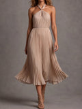 Beige Pleated Halter Midi Dress