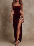Burgundy Velvet Gold Applique Maxi Dress