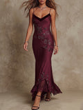 Burgundy Beaded Lace Mermaid Maxi Dress