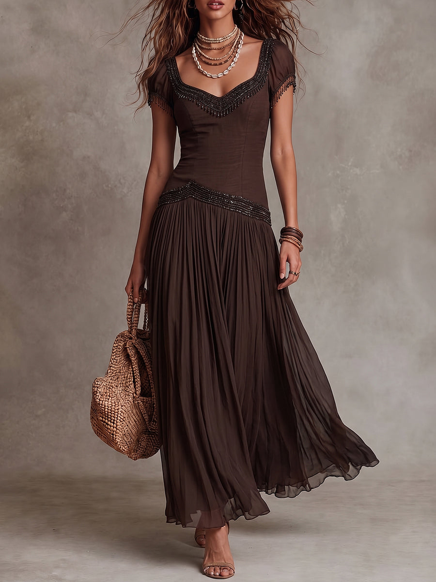 Chocolate Beaded Sweetheart Maxi Dress