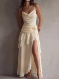 Cream Cowl Neck Ruffle Maxi Dress