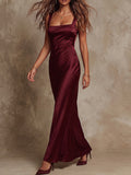 Burgundy Satin Wide-Strap Maxi Dress