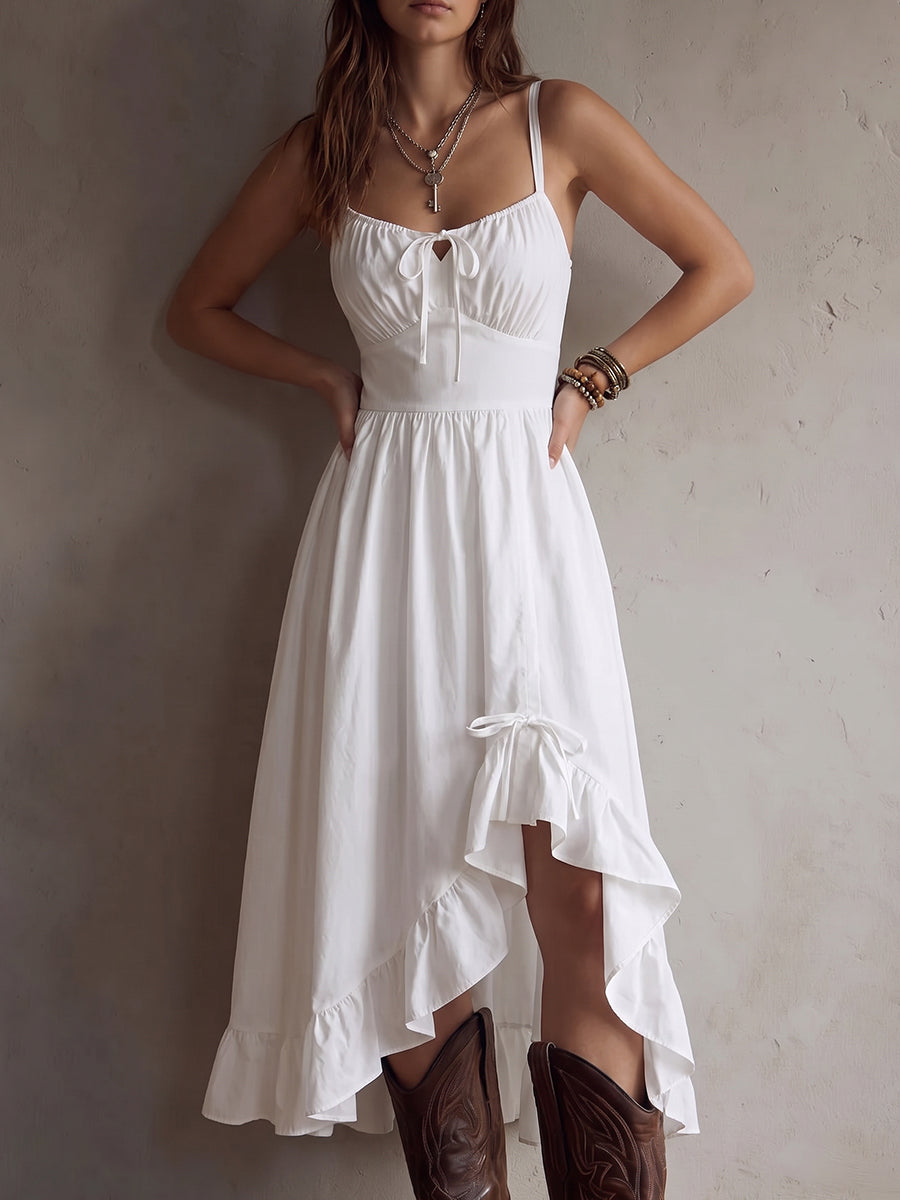 White Tie-Front High-Low Midi Dress