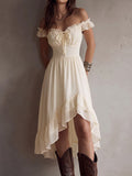 Cream Off-Shoulder Tie-Front High-Low Dress