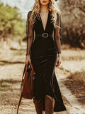 Black Velvet Sheer Sleeve Belted Maxi Dress