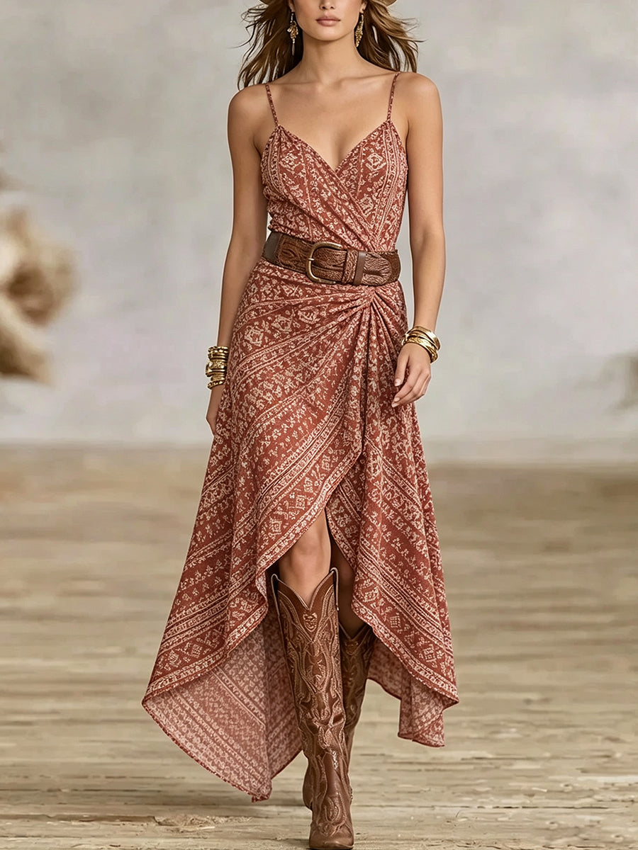 Rust Bandana Print High-Low Maxi Dress