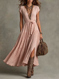 Dusty Pink Tie-Waist Tiered Maxi Dress