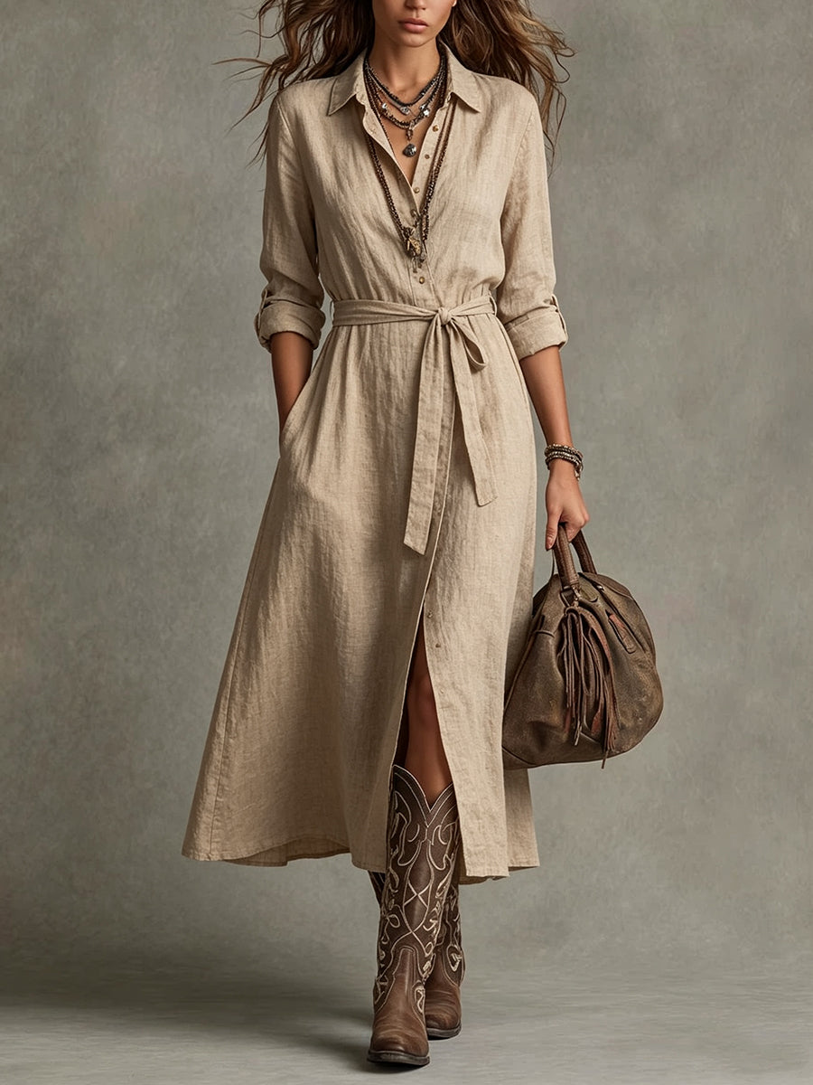 Beige Linen Tie-Waist Shirt Dress