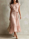 Blush Pink Tie-Waist Tiered Midi Dress