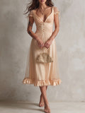 Blush Tie-Shoulder Ruffle Hem Midi Dress
