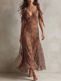Mocha Leaf Print Cold-Shoulder Maxi Dress