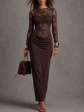 Brown Lace Bodice Draped Maxi Dress