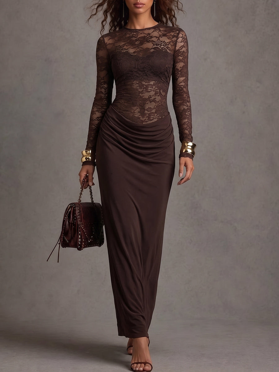 Brown Lace Bodice Draped Maxi Dress