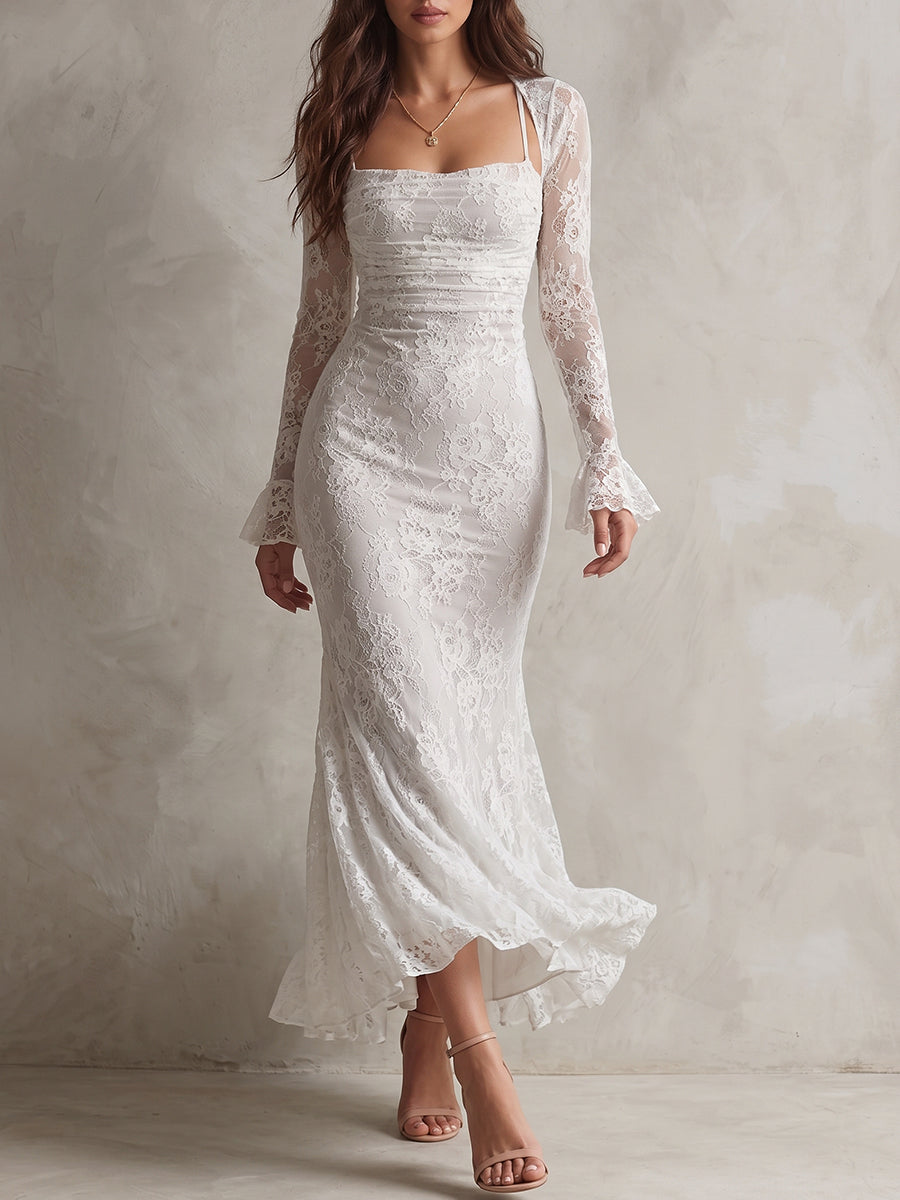 White Lace Bell Sleeve Midi Dress