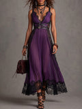 Purple Pleated Lace Panel Maxi Dress