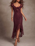 Burgundy Lace Rosette High-Low Midi Dress