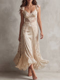 Cream Lace Panel Ruffle Maxi Dress