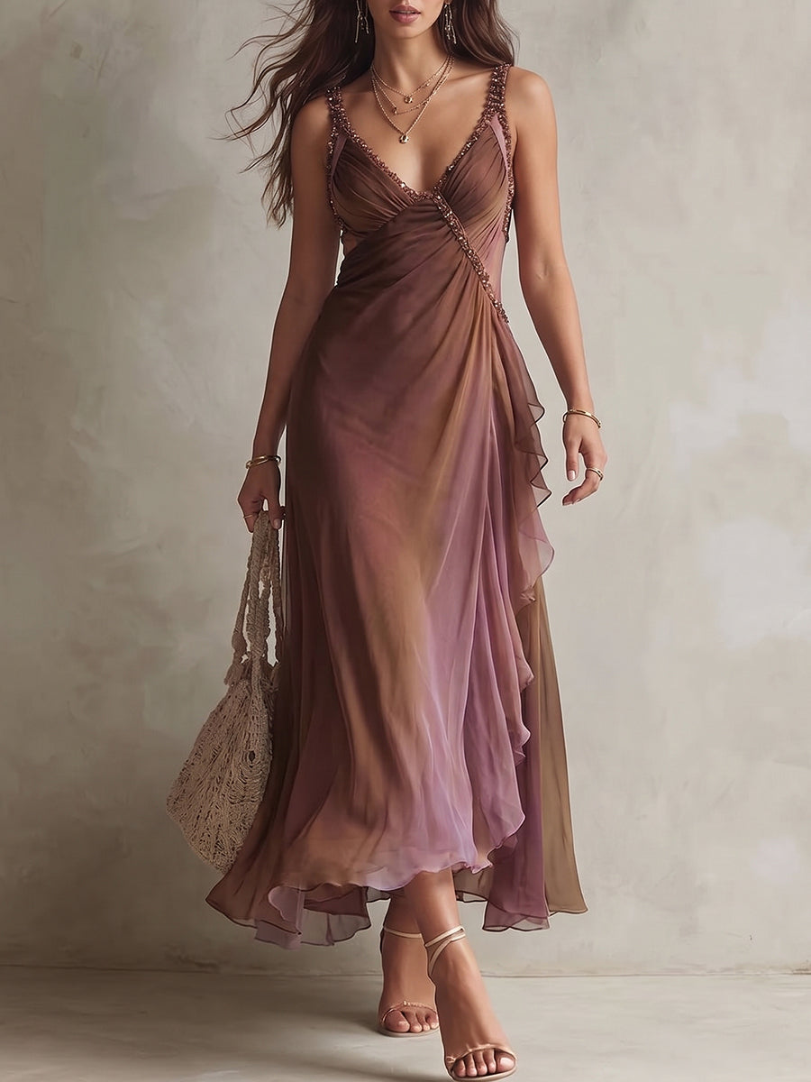 Mauve Ombre Beaded Strap Maxi Dress