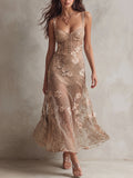 Beige Sequin Embroidered Corset Maxi Dress